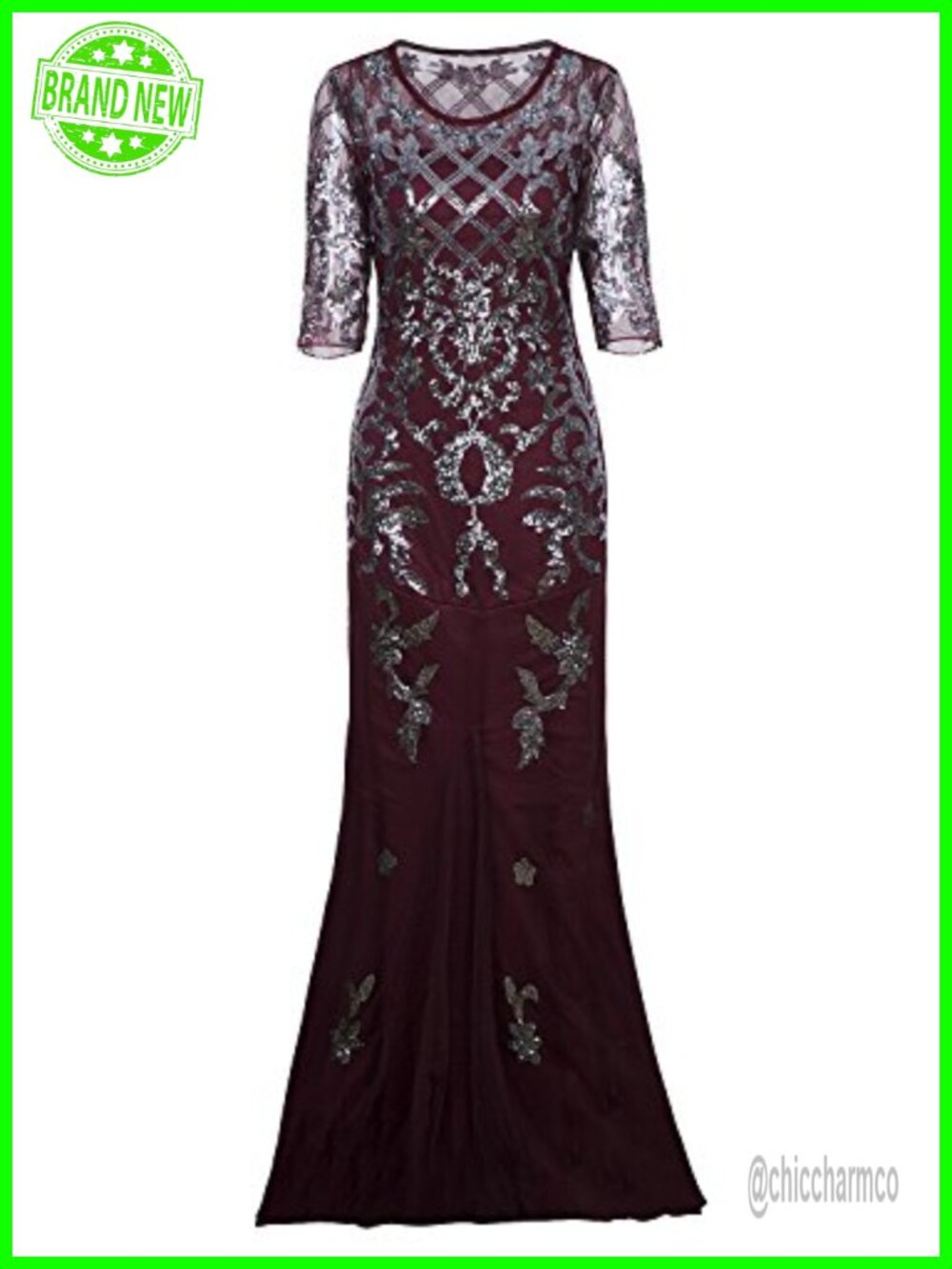 Vintage 1920s Long Sleeve Sequin Evening Gown Prom Dress